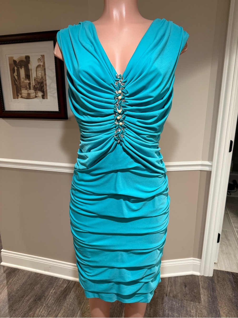 Ruched V-Neck Midi Dress in Turquoise